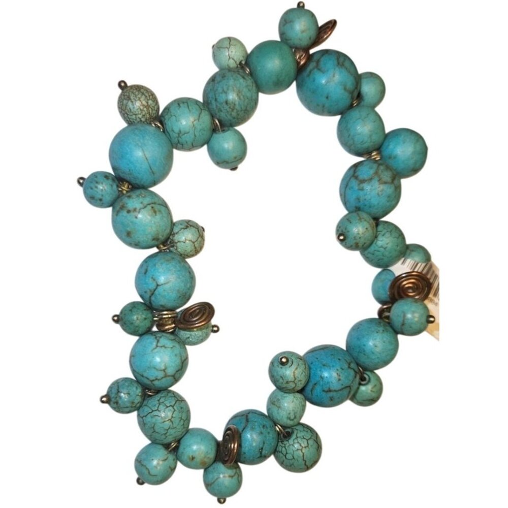Stretch Bracelet Howlite Beaded W/ Brass Coil‎ Accents 4" - 2.5 Diameter